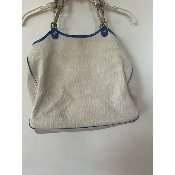 Tory Burch Canvas Tote Purse Bag Beach Beige Navy Blue w/ Gold Logo - Picture 6 of 11